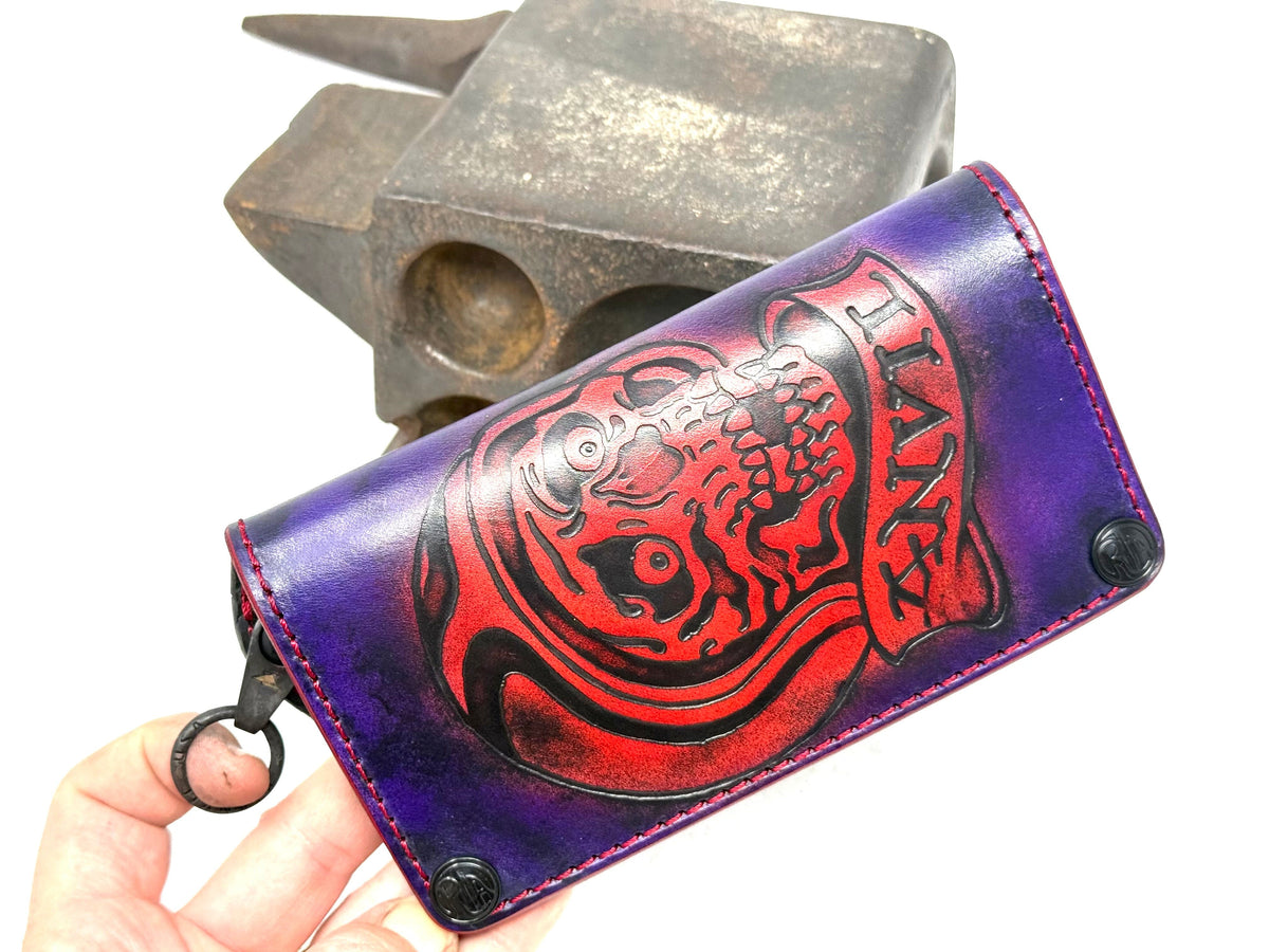 Long 5G Biker Leather Chain Wallet - Purp/Red Anvil Rider Skully