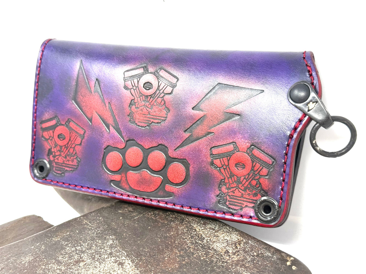 Long 5G Biker Leather Chain Wallet - Purp/Red Anvil Rider Skully