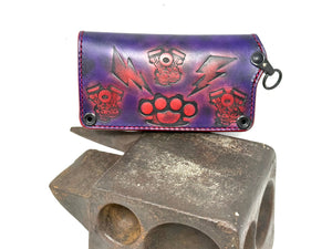 Long 5G Biker Leather Chain Wallet - Purp/Red Anvil Rider Skully