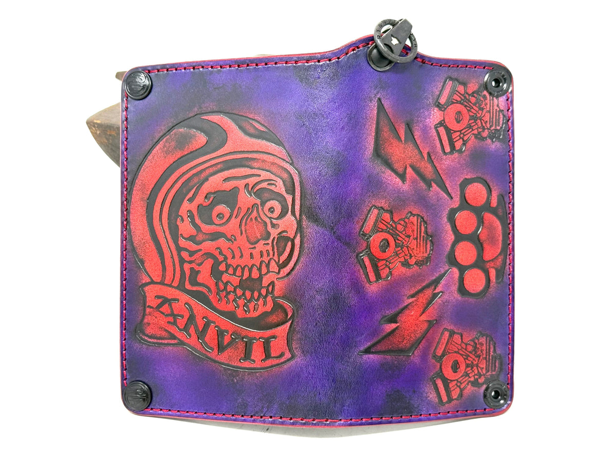Long 5G Biker Leather Chain Wallet - Purp/Red Anvil Rider Skully