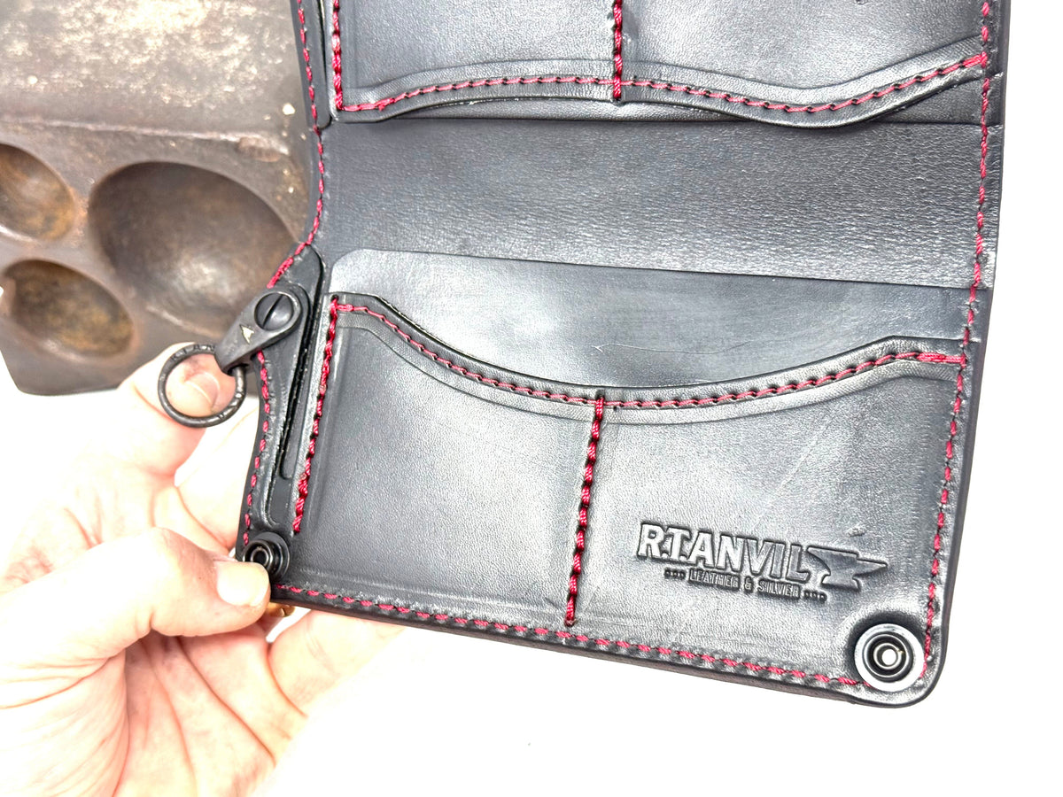 Long 5G Biker Leather Chain Wallet - Purp/Red Anvil Rider Skully