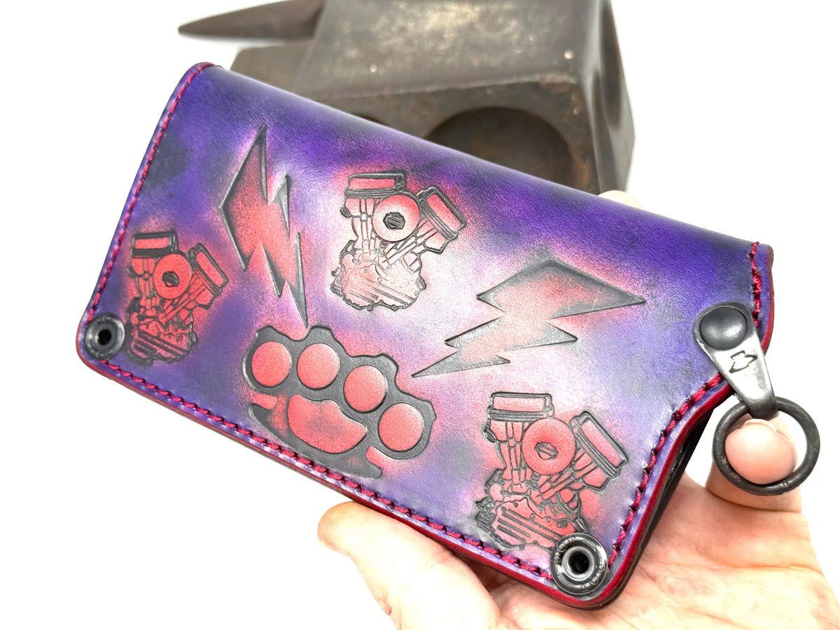 Long 5G Biker Leather Chain Wallet - Purp/Red Anvil Rider Skully