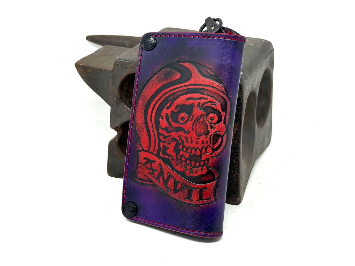 Long 5G Biker Leather Chain Wallet - Purp/Red Anvil Rider Skully