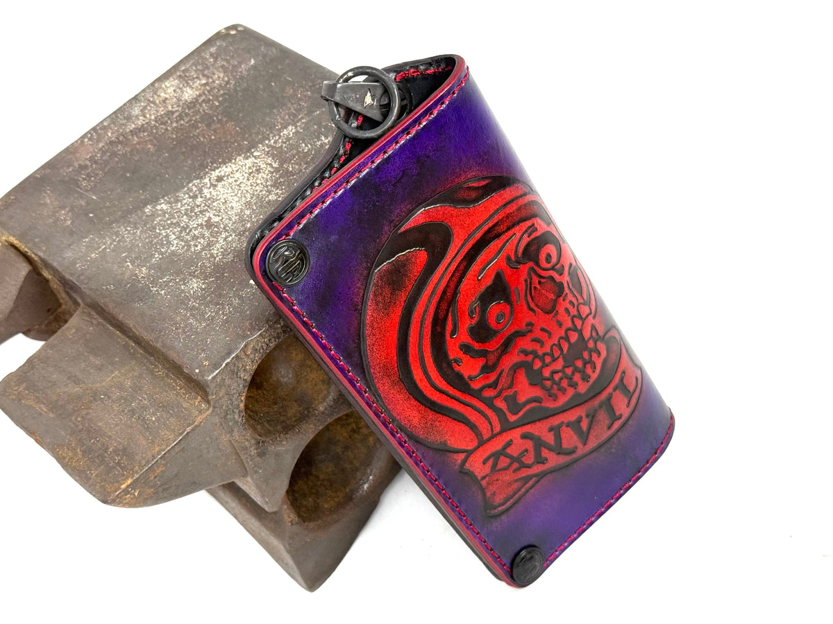 Long 5G Biker Leather Chain Wallet - Purp/Red Anvil Rider Skully