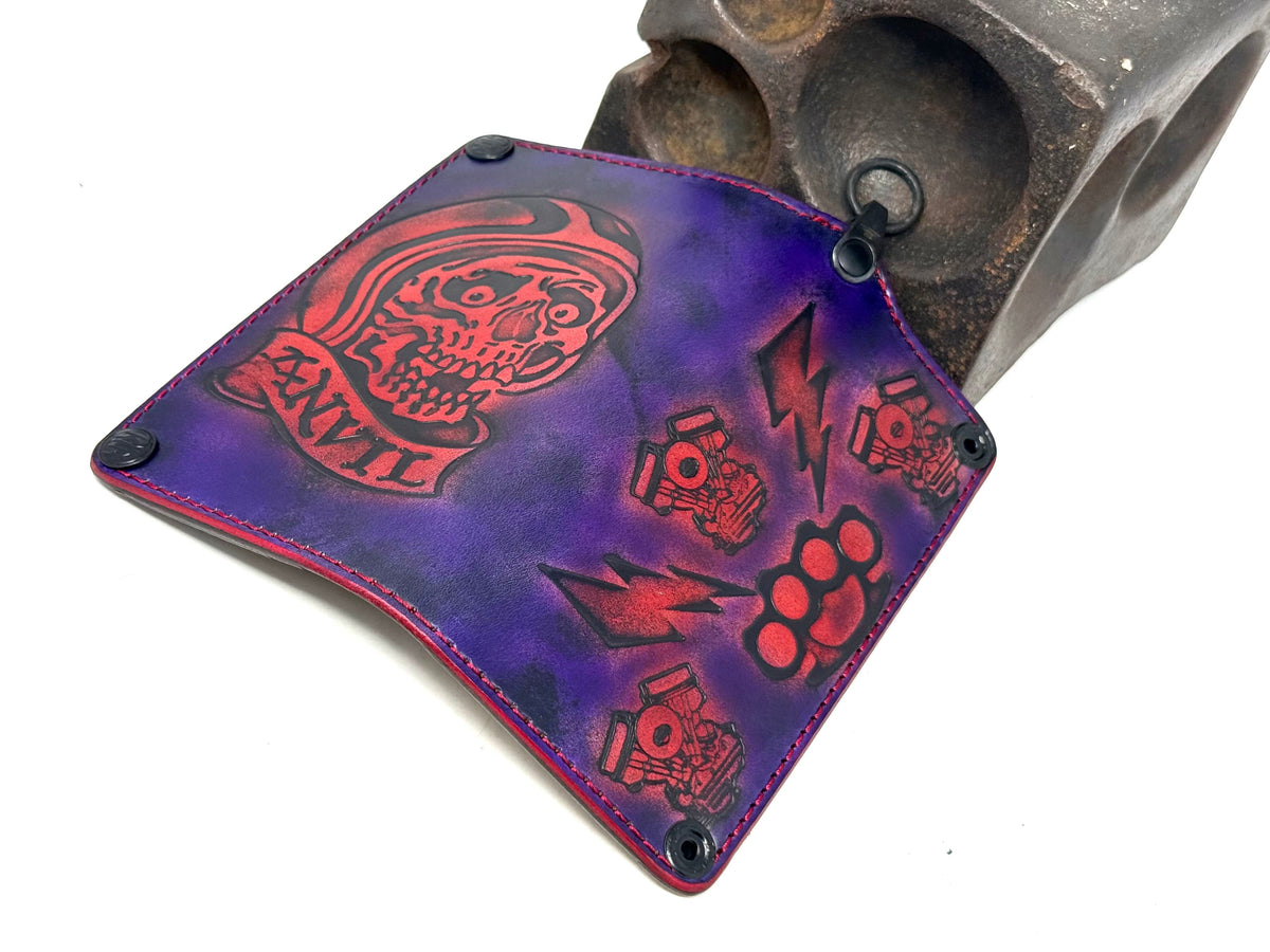 Long 5G Biker Leather Chain Wallet - Purp/Red Anvil Rider Skully