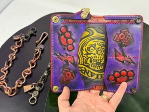 Long 5G Biker Leather Chain Wallet - Purp/Red Anvil Spade