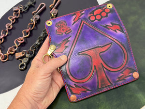 Long 5G Biker Leather Chain Wallet - Purp/Red Anvil Spade