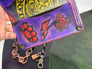 Long 5G Biker Leather Chain Wallet - Purp/Red Anvil Spade