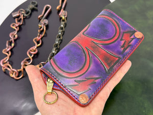 Long 5G Biker Leather Chain Wallet - Purp/Red Anvil Spade