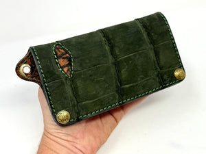 Long Biker Chain Wallet - Forrest Green Nubuck Alligator w/ Elephant Inlay