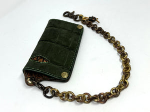 Long Biker Chain Wallet - Forrest Green Nubuck Alligator w/ Elephant Inlay