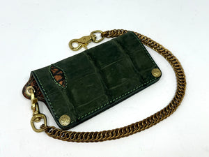 Long Biker Chain Wallet - Forrest Green Nubuck Alligator w/ Elephant Inlay