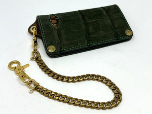 Long Biker Chain Wallet - Forrest Green Nubuck Alligator w/ Elephant Inlay