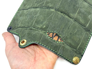 Long Biker Chain Wallet - Forrest Green Nubuck Alligator w/ Elephant Inlay