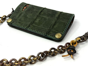 Long Biker Chain Wallet - Forrest Green Nubuck Alligator w/ Elephant Inlay