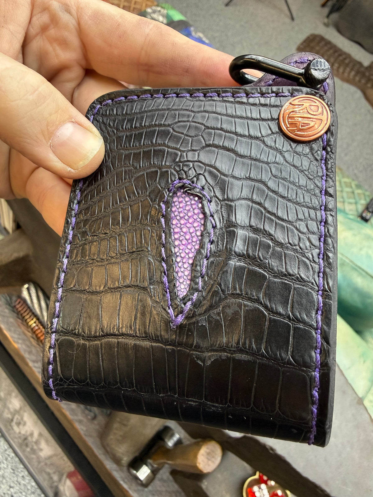 Mini Bifold Leather Chain Wallet - Black Alligator w Cloaca