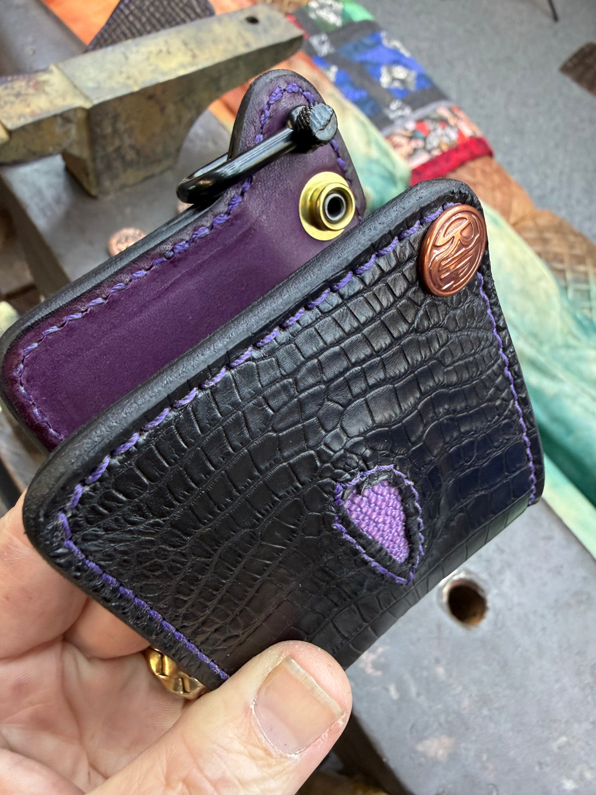 Mini Bifold Leather Chain Wallet - Black Alligator w Cloaca