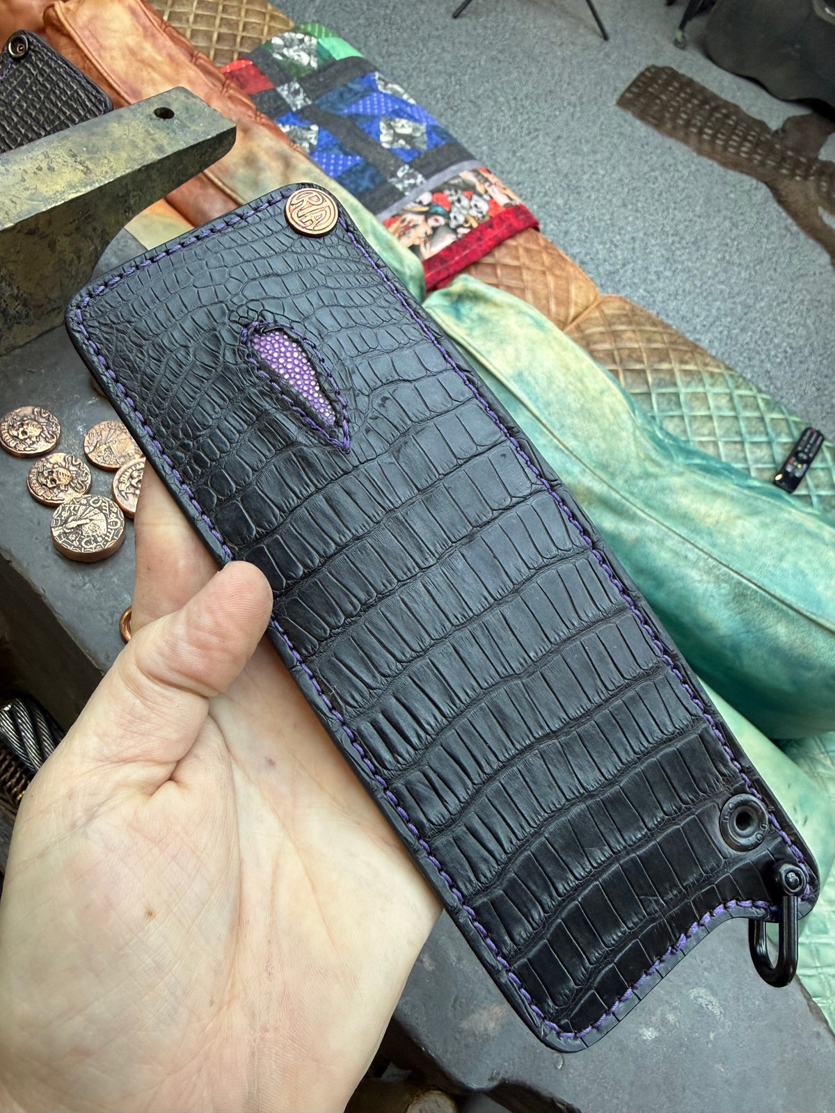Mini Bifold Leather Chain Wallet - Black Alligator w Cloaca