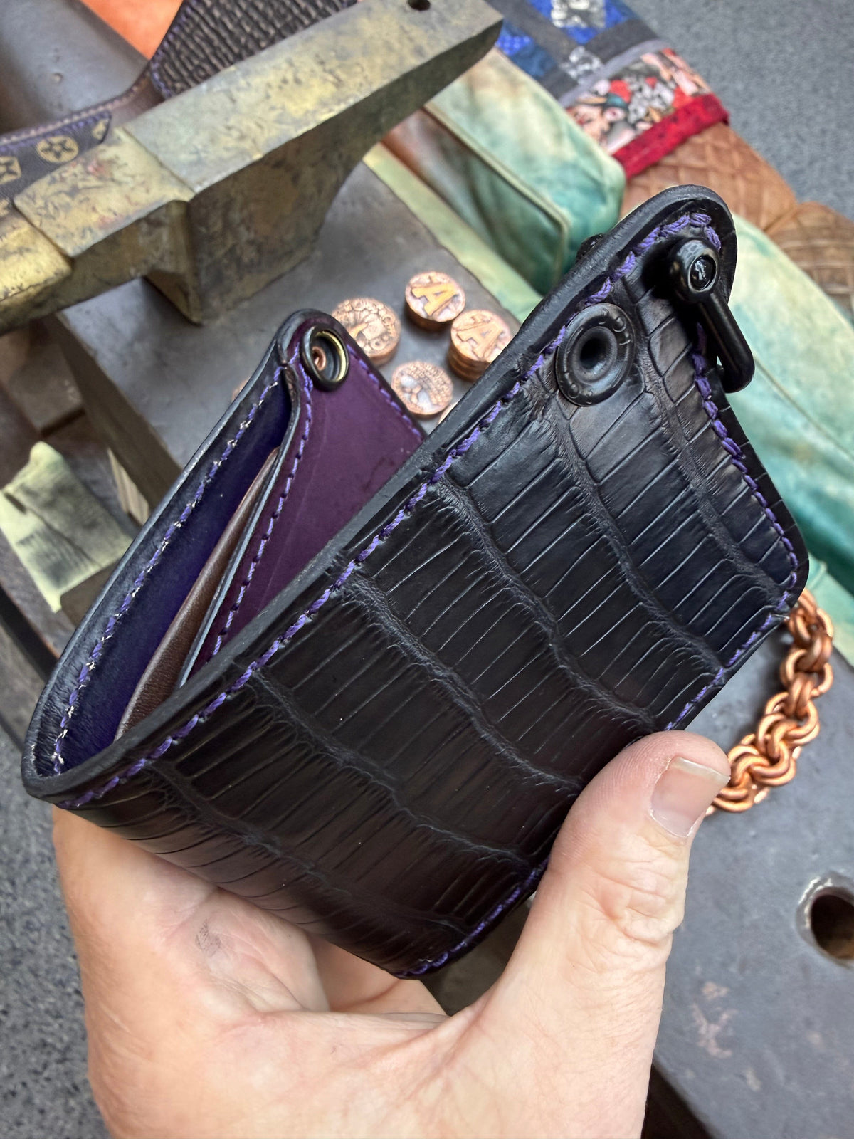 Mini Bifold Leather Chain Wallet - Black Alligator w Cloaca
