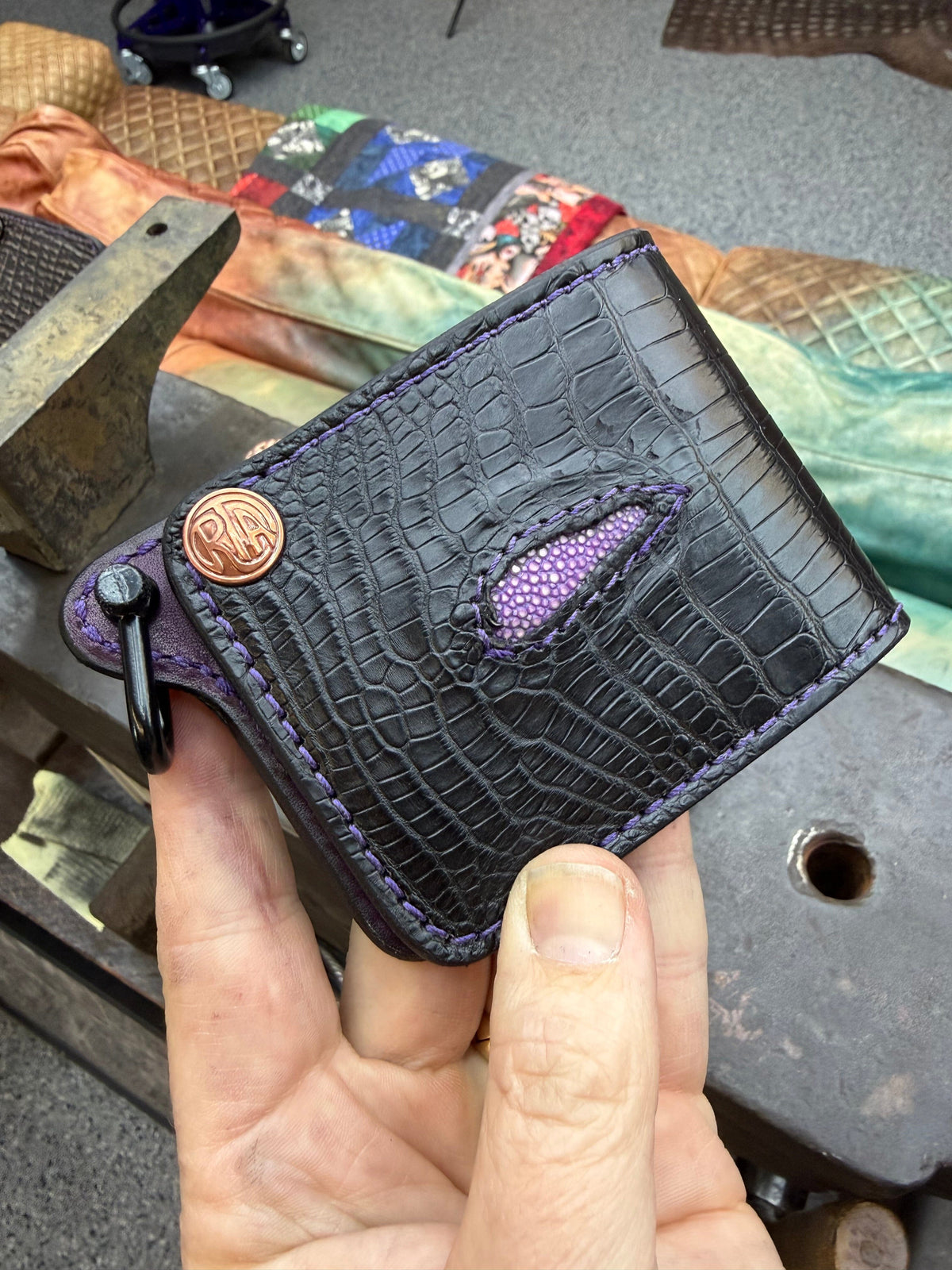 Mini Bifold Leather Chain Wallet - Black Alligator w Cloaca