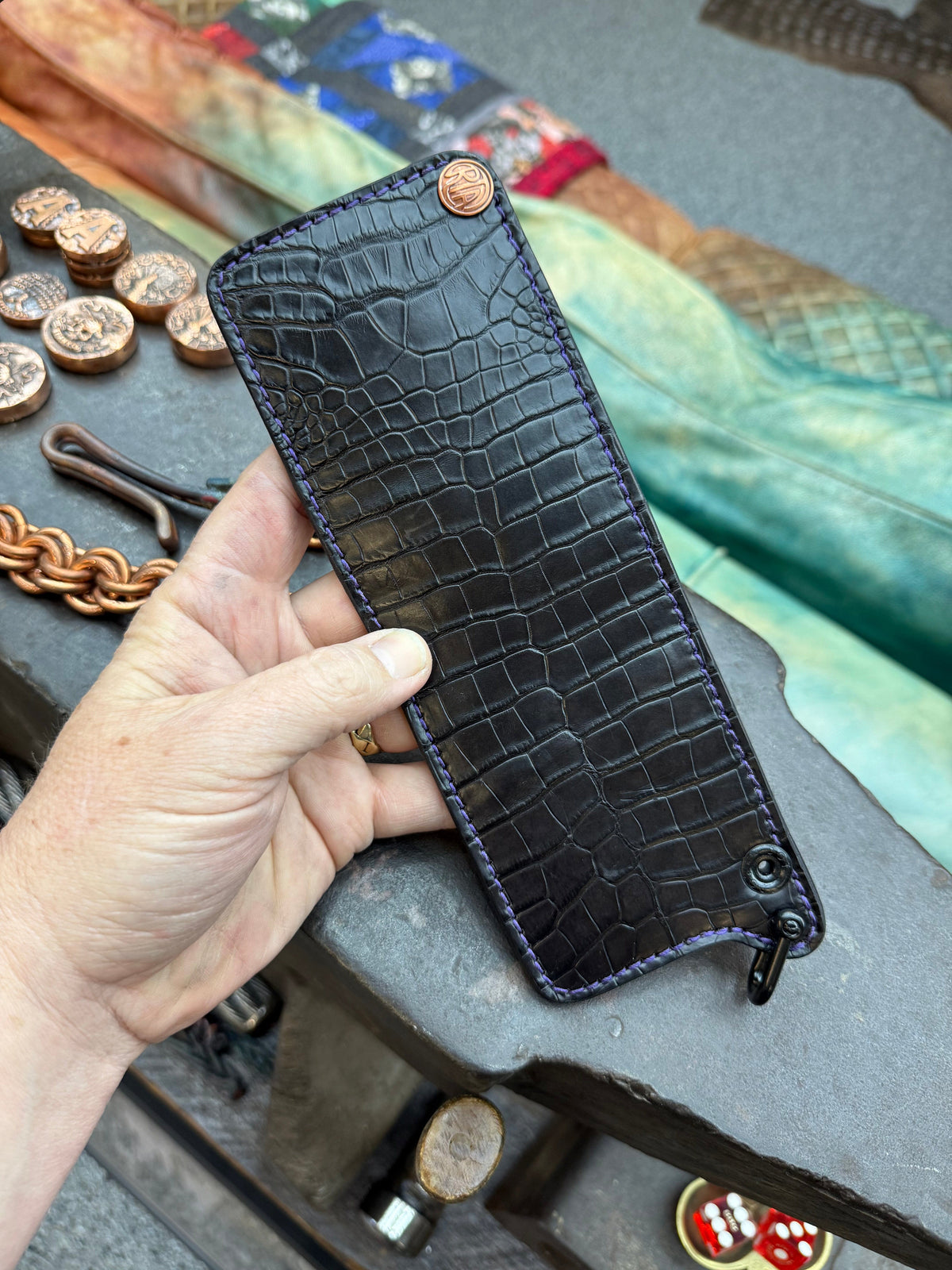 Mini Bifold Leather Chain Wallet - Black Alligator - Anvil Customs