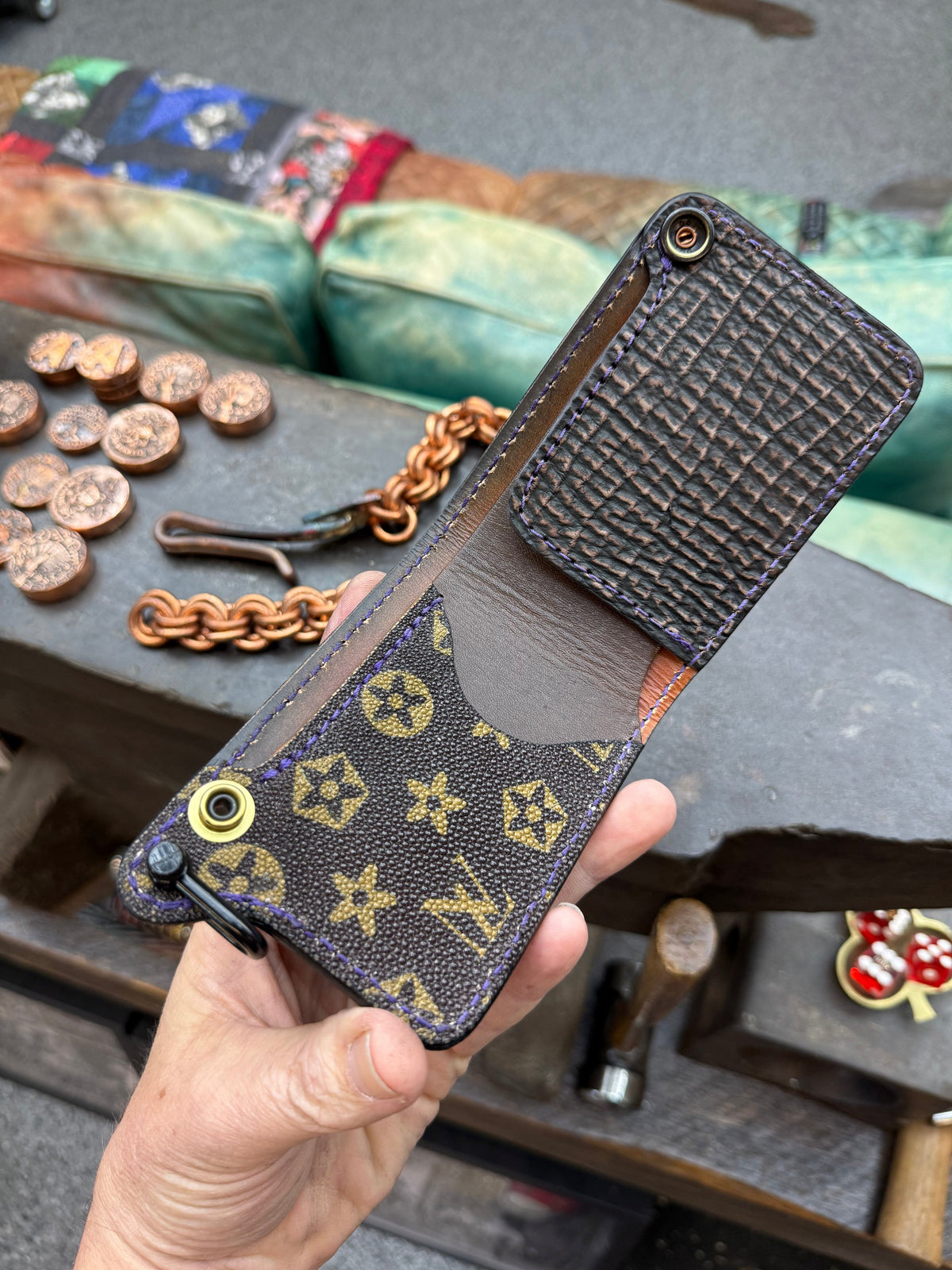 Mini Bifold Leather Chain Wallet - Black Alligator - Anvil Customs