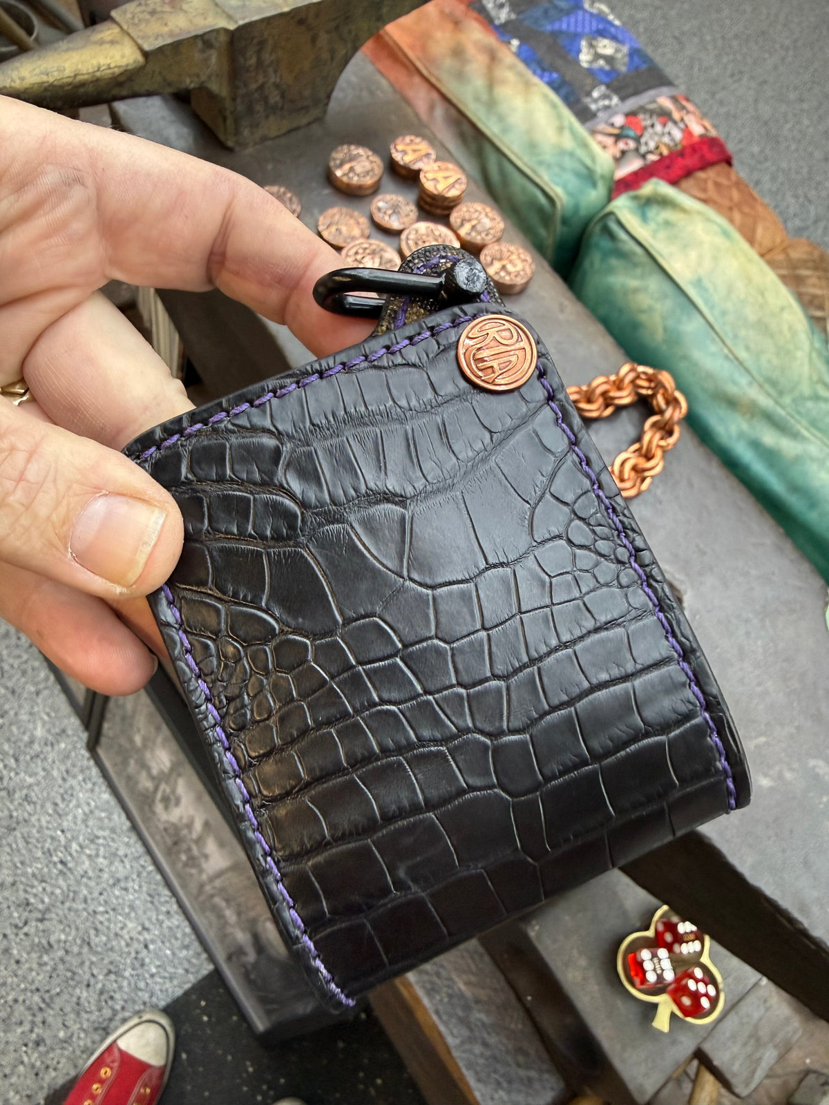 Mini Bifold Leather Chain Wallet - Black Alligator - Anvil Customs