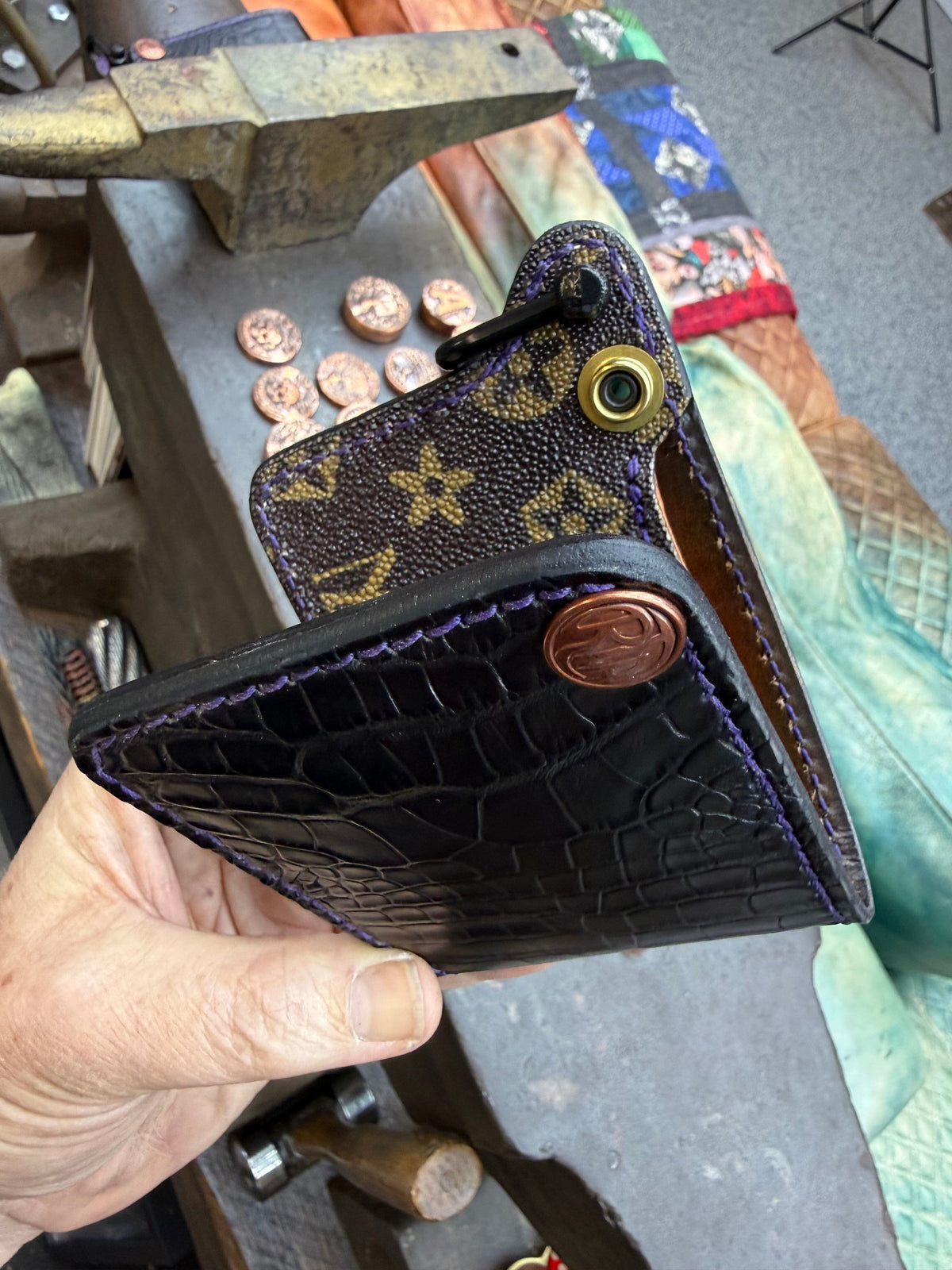Mini Bifold Leather Chain Wallet - Black Alligator - Anvil Customs