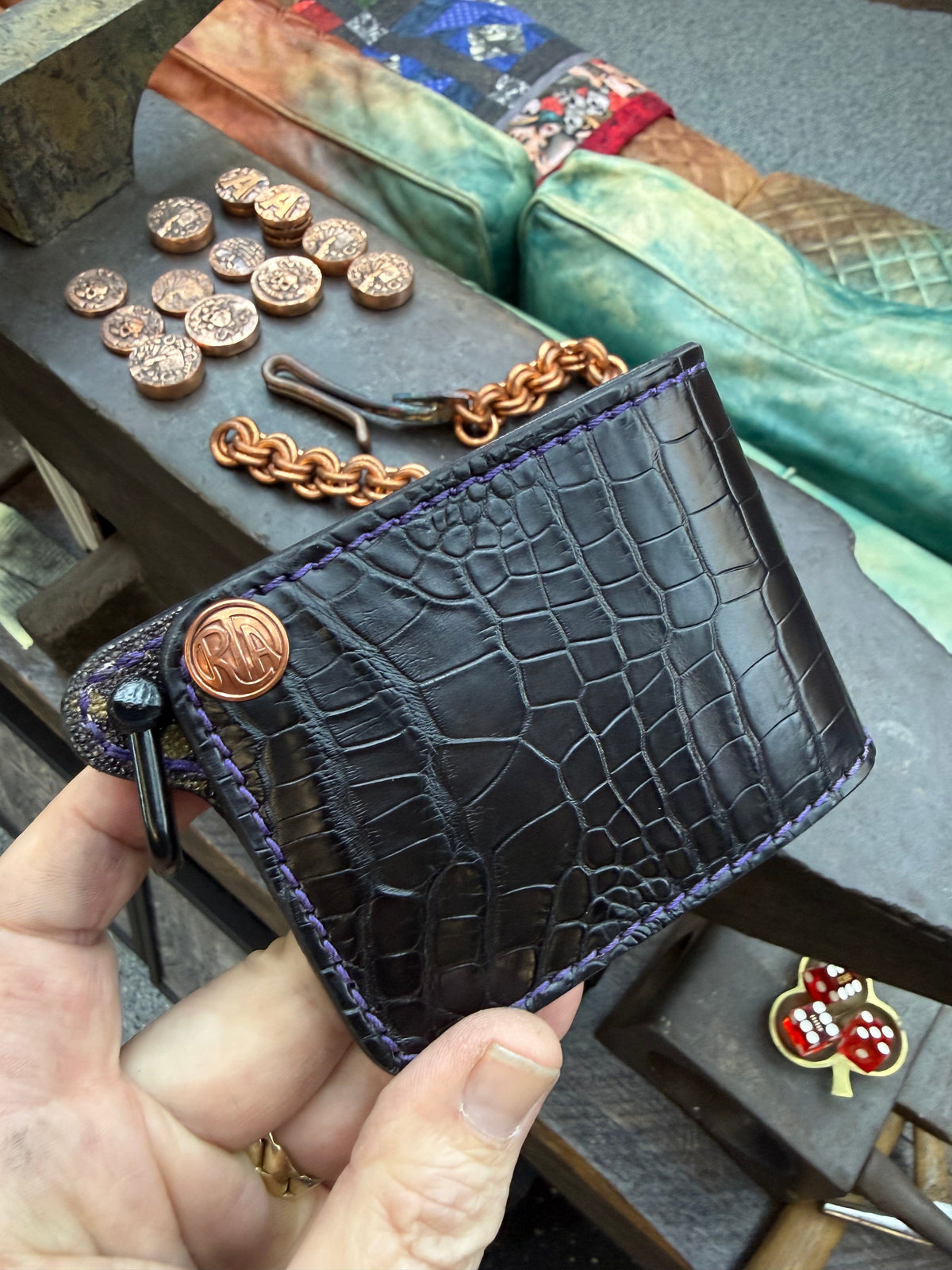 Mini Bifold Leather Chain Wallet - Black Alligator - Anvil Customs