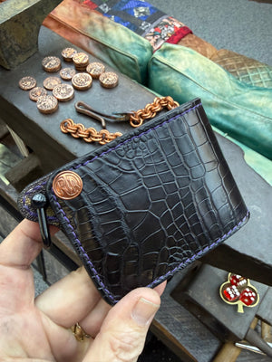 Mini Bifold Leather Chain Wallet - Black Alligator - Anvil Customs
