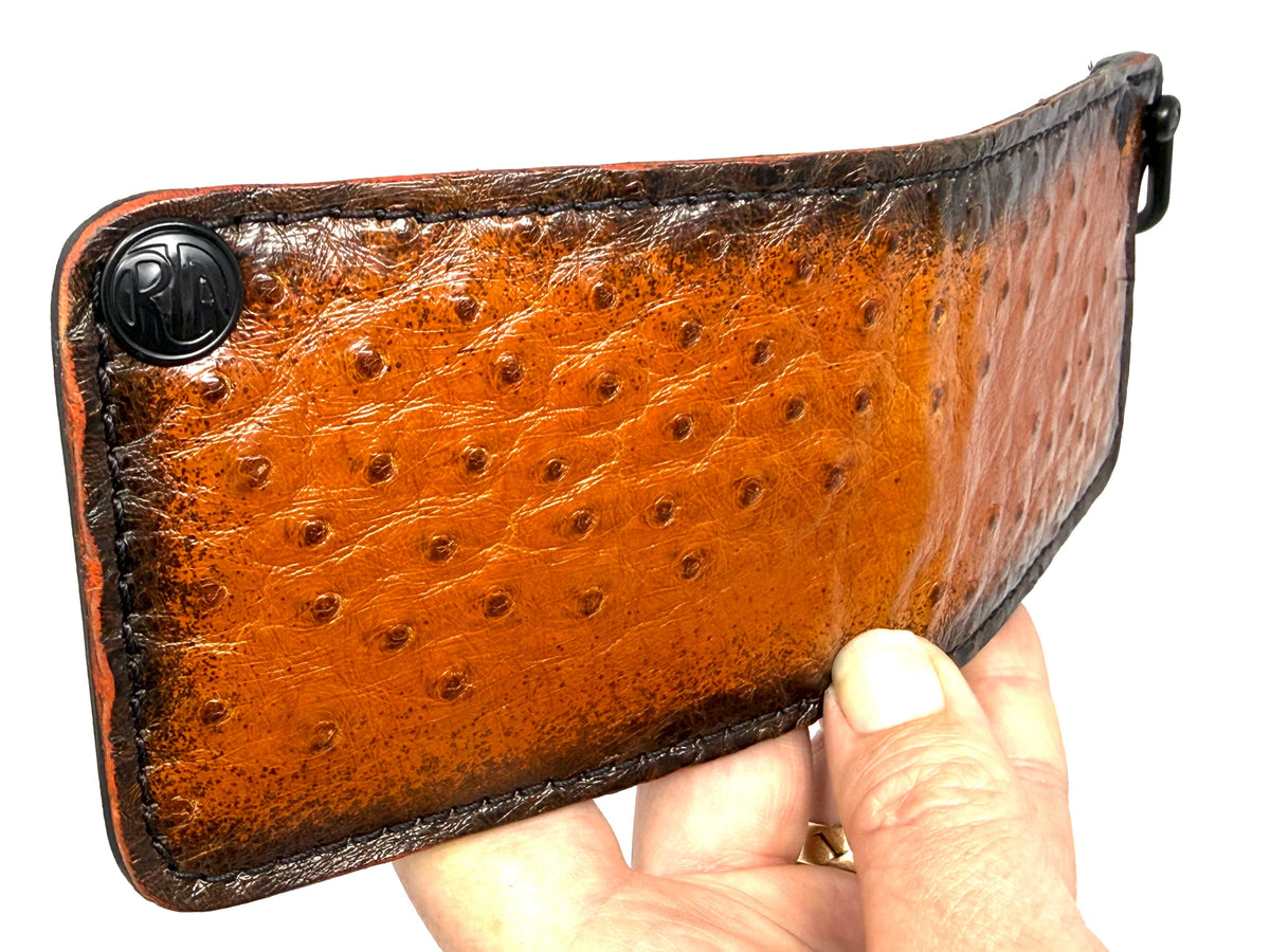 Mini Bifold Leather Chain Wallet - Sunburst Ostrich Quill