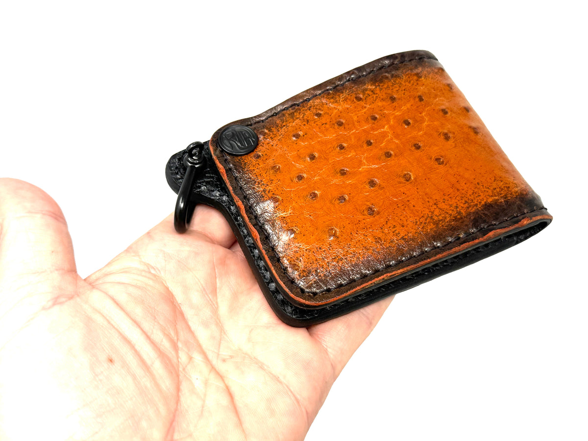 Mini Bifold Leather Chain Wallet - Sunburst Ostrich Quill