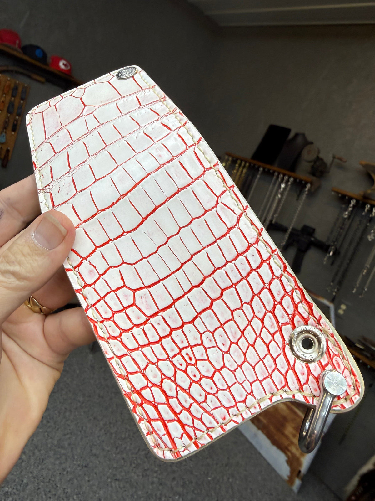 Mini Bifold Leather Chain Wallet - White/Red Alligator