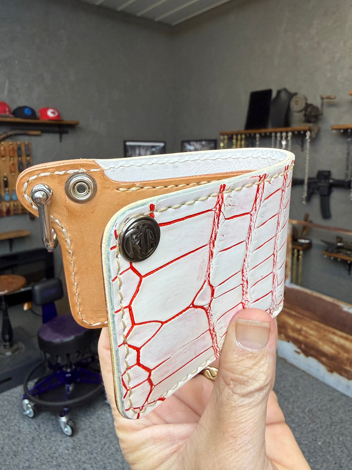 Mini Bifold Leather Chain Wallet - White/Red Alligator