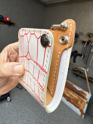 Mini Bifold Leather Chain Wallet - White/Red Alligator