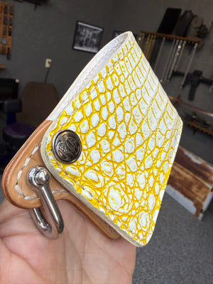 Mini Bifold Leather Chain Wallet - White/Yellow Alligator