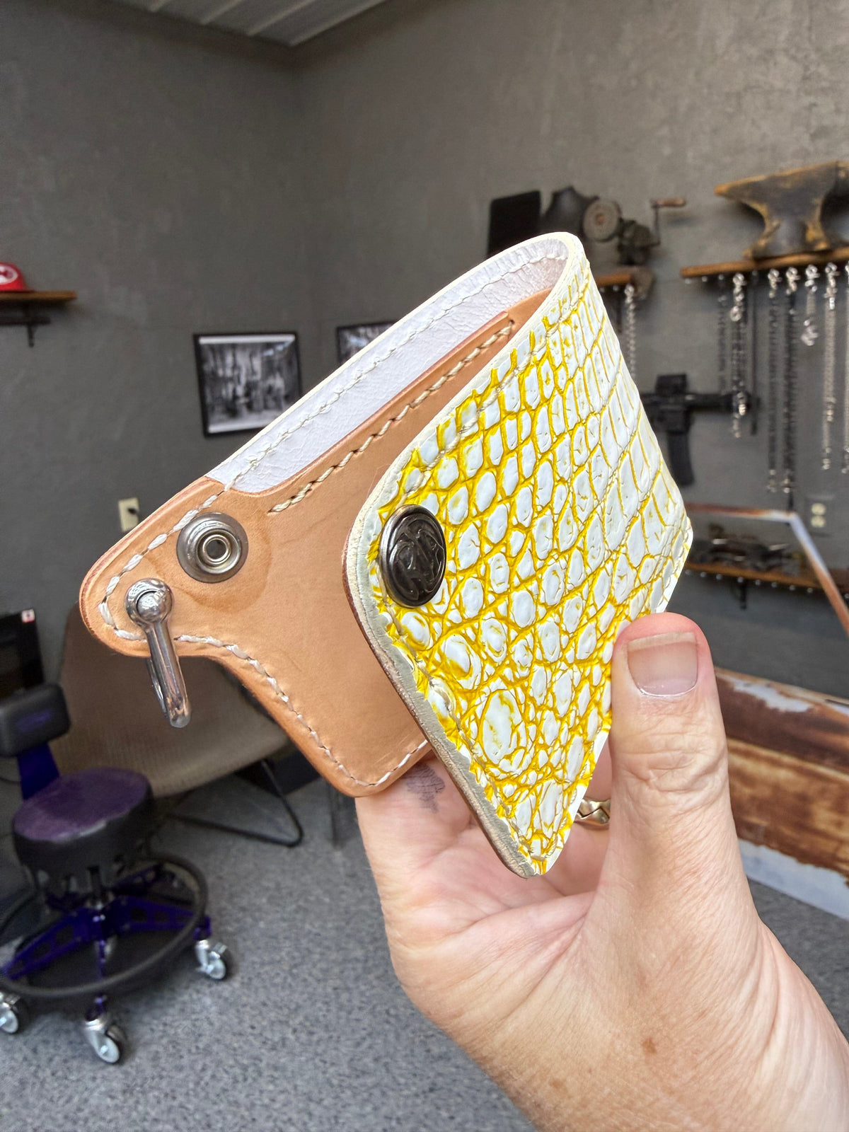Mini Bifold Leather Chain Wallet - White/Yellow Alligator