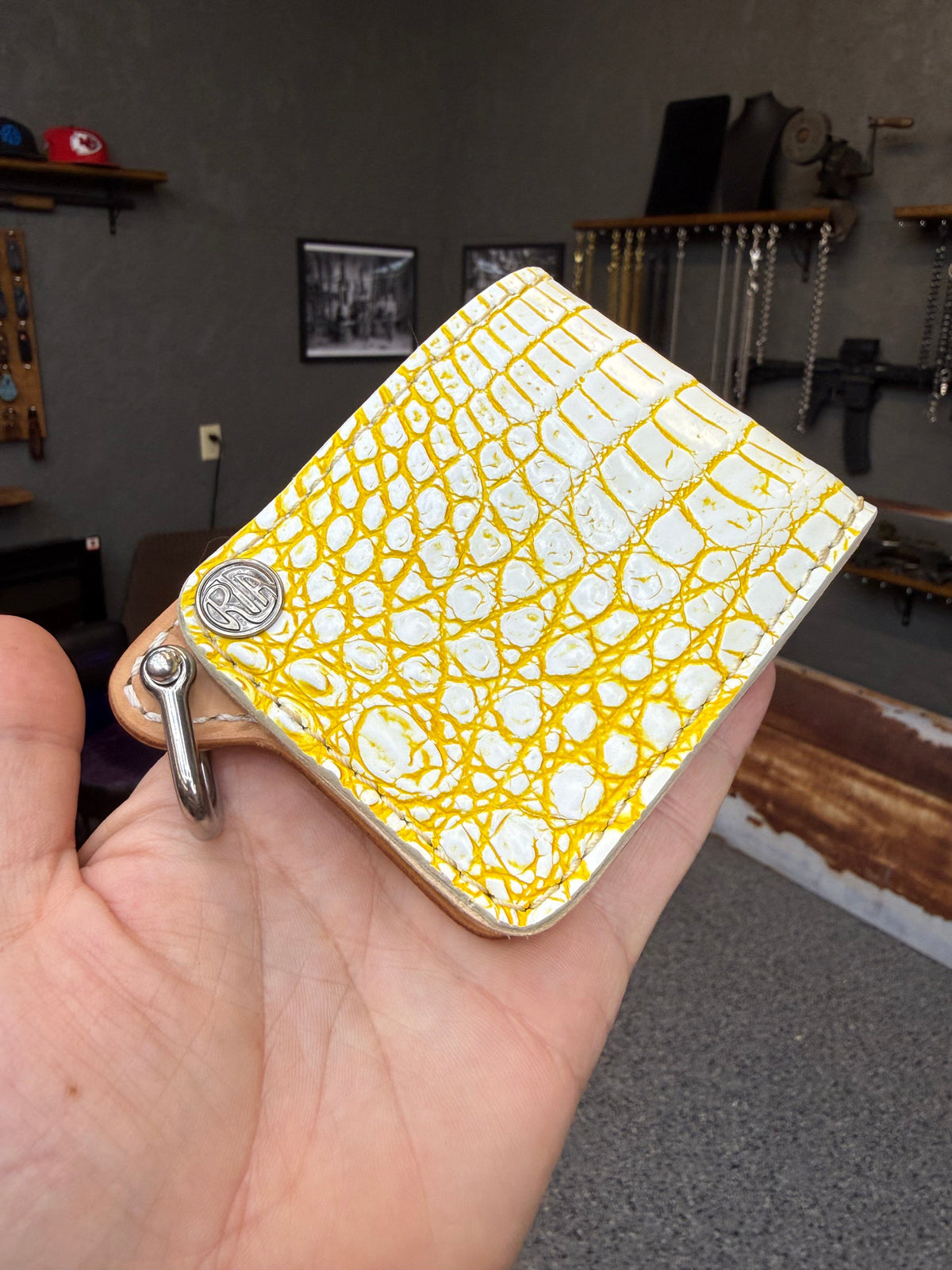 Mini Bifold Leather Chain Wallet - White/Yellow Alligator