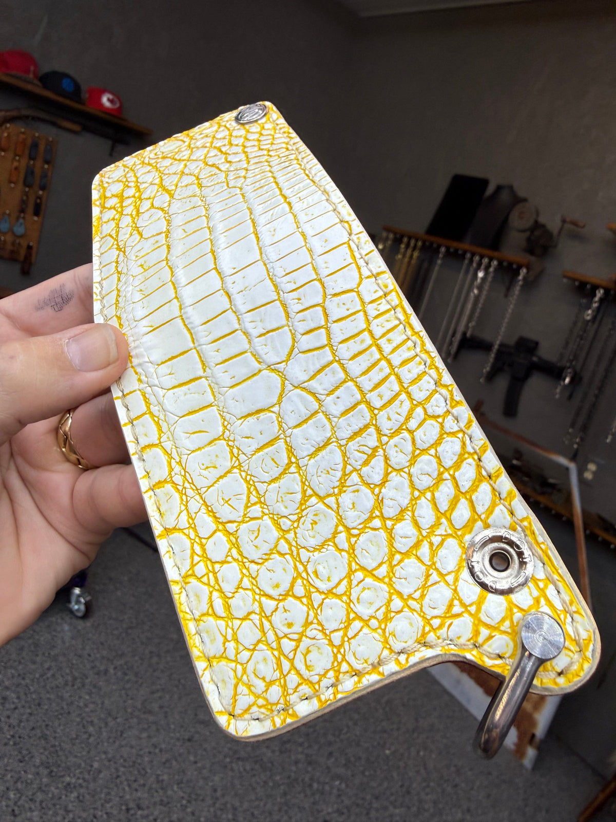 Mini Bifold Leather Chain Wallet - White/Yellow Alligator