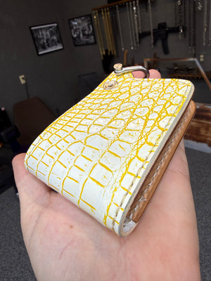 Mini Bifold Leather Chain Wallet - White/Yellow Alligator