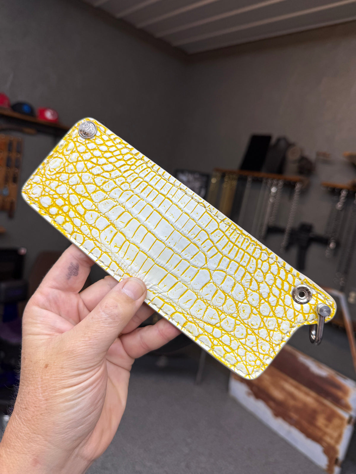 Mini Bifold Leather Chain Wallet - White/Yellow Alligator