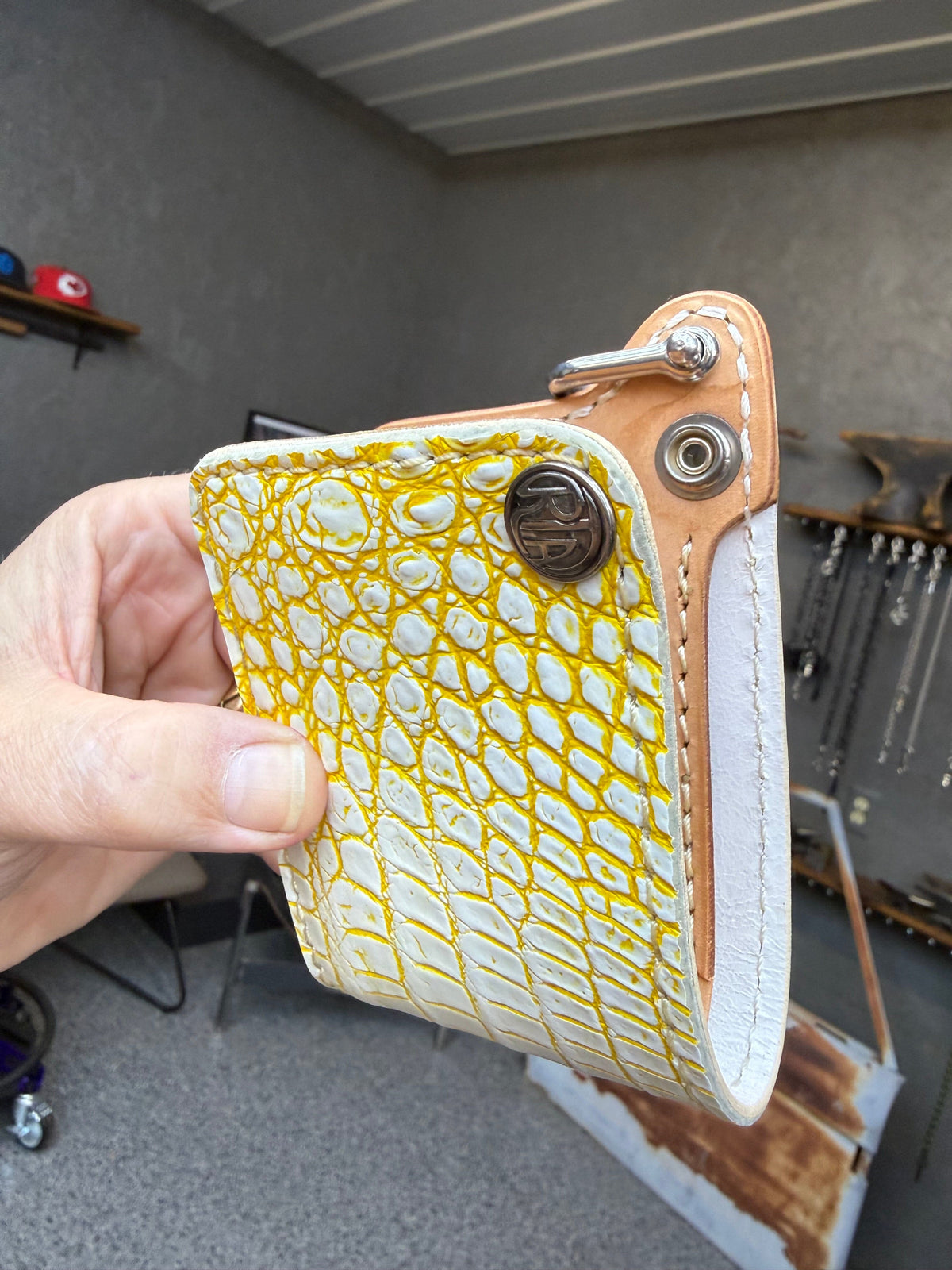Mini Bifold Leather Chain Wallet - White/Yellow Alligator