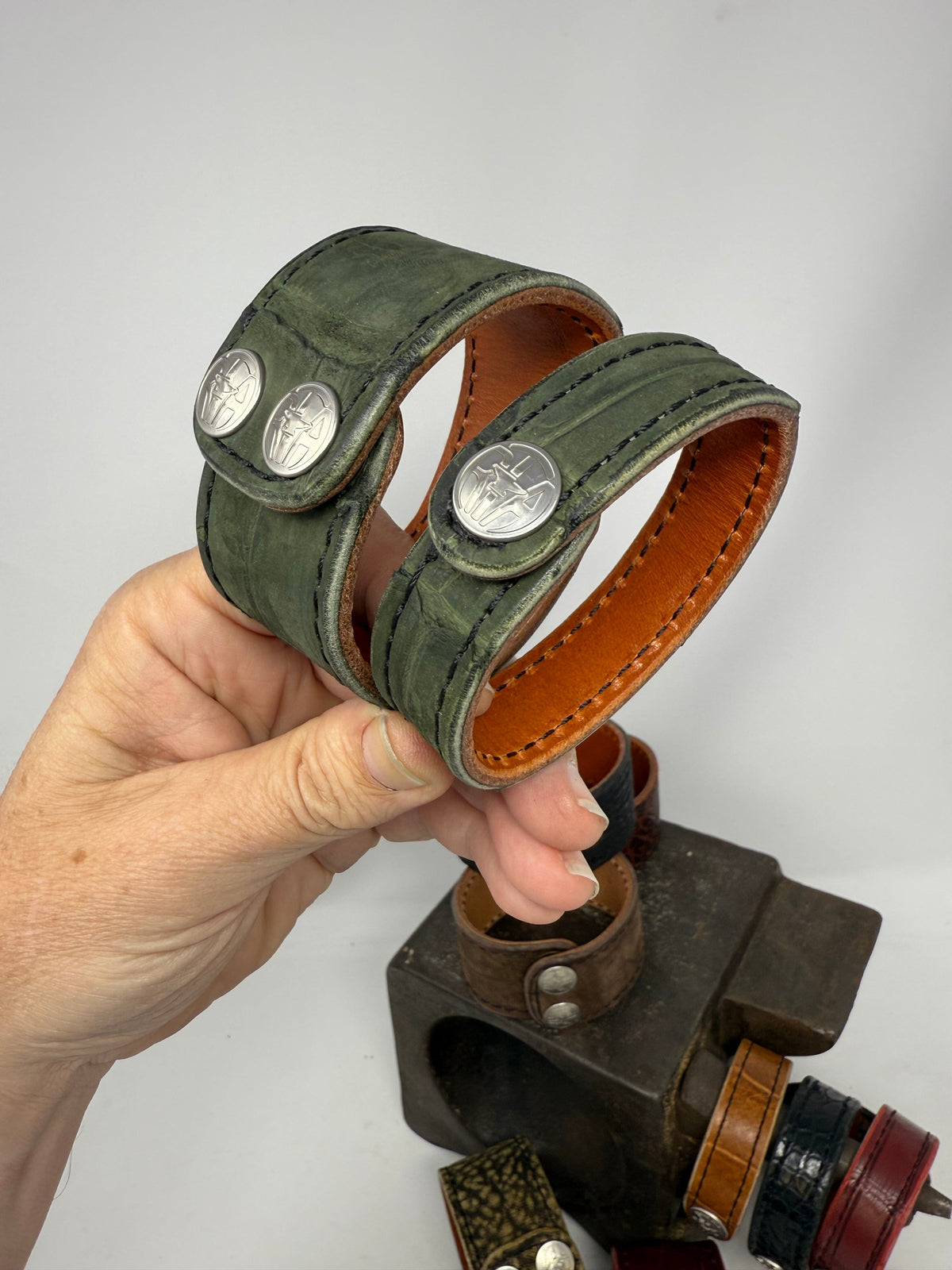 Nubuck Green Alligator Leather Bracelet / Cuff (set of 2)