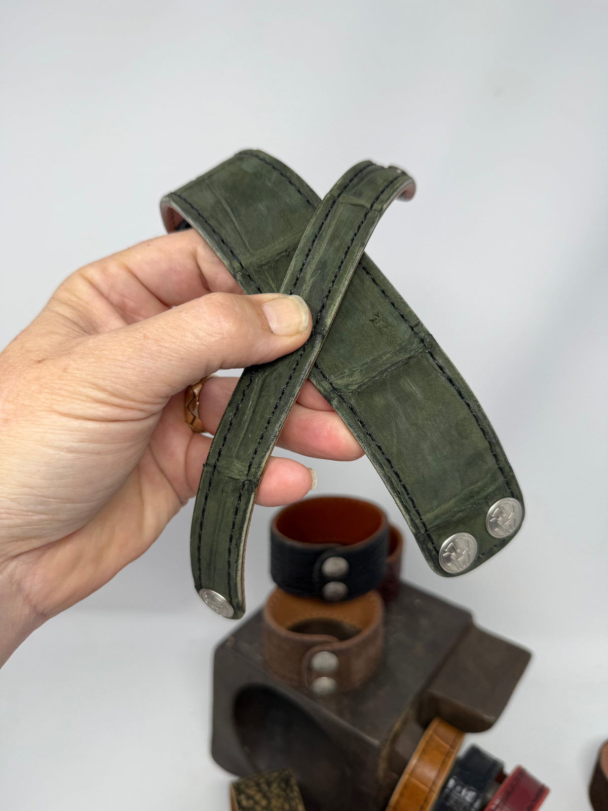 Nubuck Green Alligator Leather Bracelet / Cuff (set of 2)