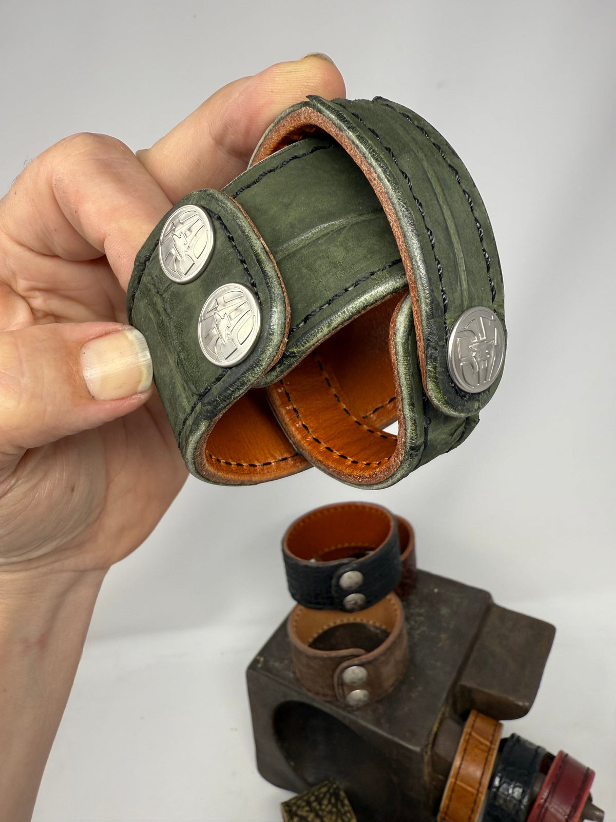 Nubuck Green Alligator Leather Bracelet / Cuff (set of 2)