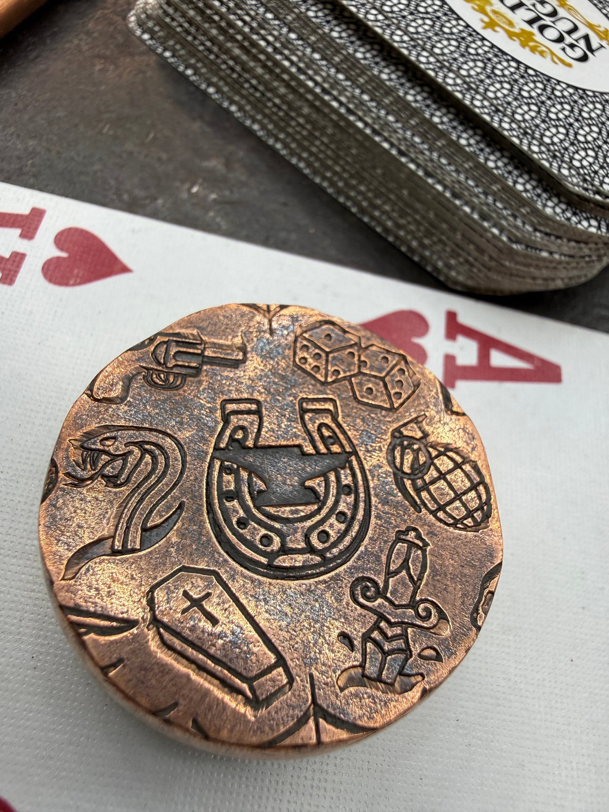 RTAnvil Original “Dead Man’s Hand” Copper Poker Card Guard
