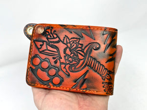 Standard Bifold Leather Chain Wallet - “Stabbed” / Antiqued Orange