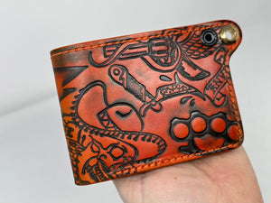 Standard Bifold Leather Chain Wallet - “Stabbed” / Antiqued Orange