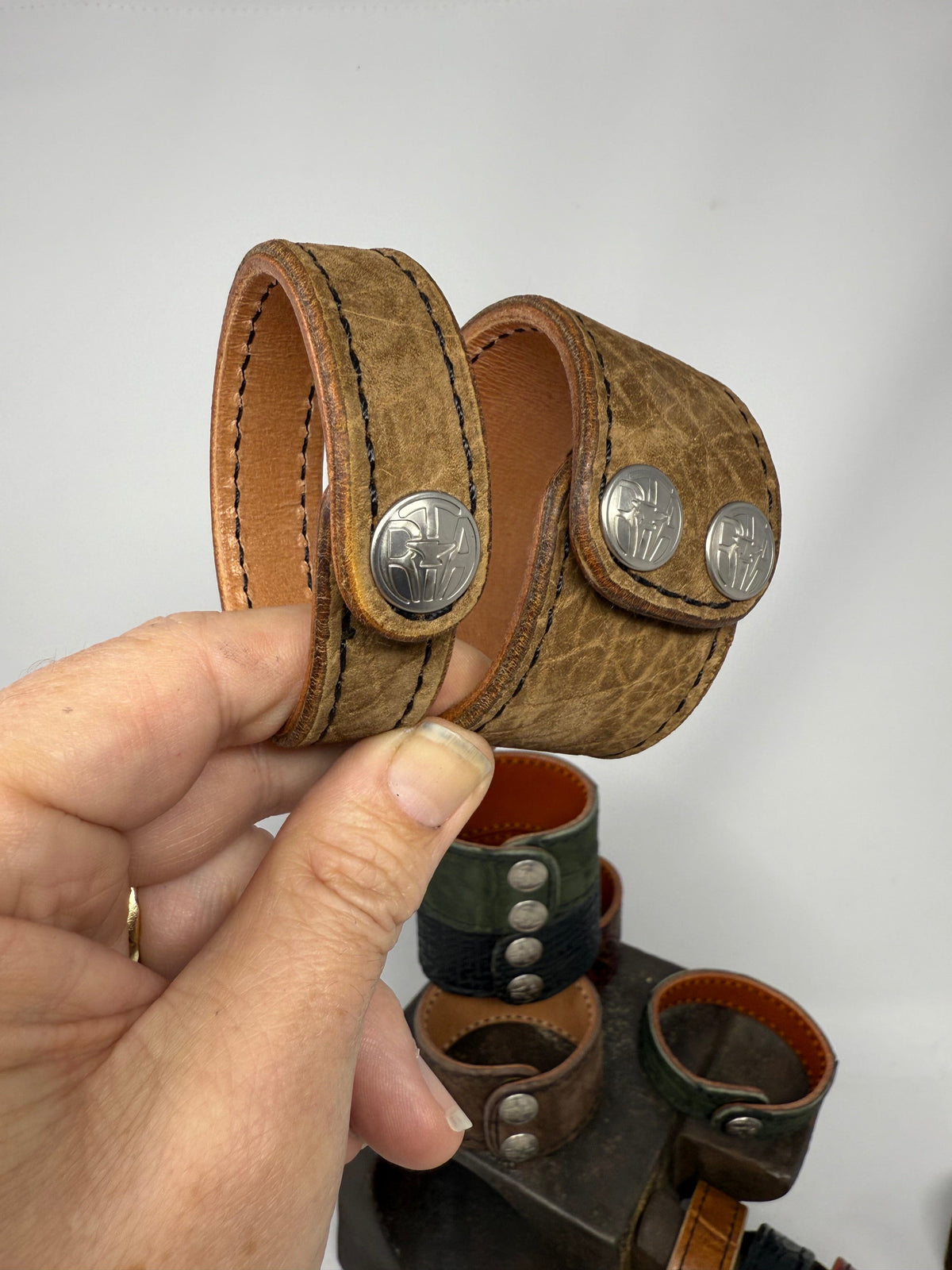 Tan Hippo (2x) Leather Bracelet / Cuff Set