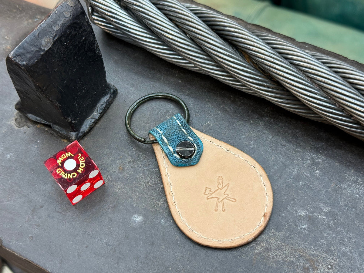 Teardrop Leather Key Fob - Antique Turquoise Elephant